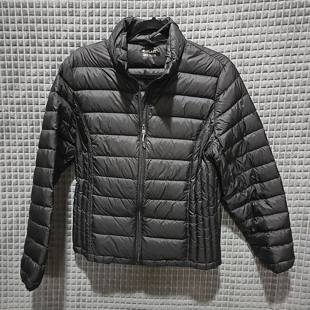 HeatLast Black Down Puffer Jacket SzLg Packable Full Zip Preppy Gorp Street Tech